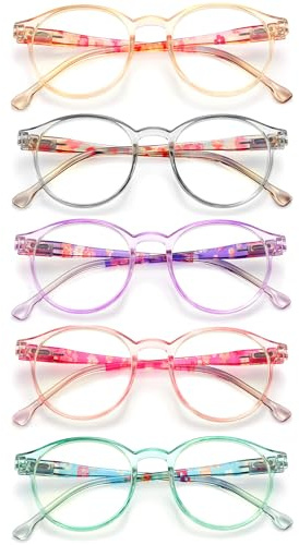 LANLANG 5er-Pack Blaulichtfilter Lesebrille für Damen mit Federscharnier, rund, 5 Farben, PC-Rahmen, leicht