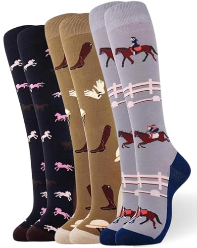 Fjquamitix Lot de 3 paires de chaussettes d'équitation pour femmes Chaussettes amusantes montantes pour cavaliers Cadeau original pour les amoureux des chevaux Favoris pour les fêtes équestres de