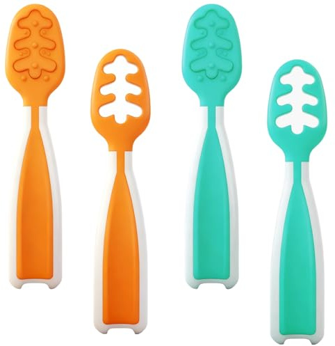 4 Pezzi Cucchiaino Svezzamento, Cucchiaio Silicone Bambini, Fase 1 + Fase 2, Precucchiai per Neonati, Anti Caduta Ergonomico, Perfetti per l'Autoalimentazione e Svezzamento Neonati (Arancia Verde)