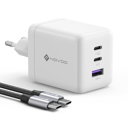 NOVOO 100W Chargeur USB-C Rapide，Prise USB C à 3 Ports, Adaptateur Compatible avec iPhone 16 Plus Pro Max, Galaxy PPS 45 W, S24 Ultra, S23, S22, Pixel, iPad, MacBook Air, Blanc