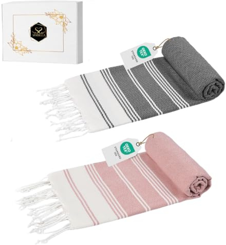 Sandrella 2er Set Hamamtuch aus 100% recycelter Baumwolle Oeko-Tex tunesisches Strandtuch Sauna Damen & Herren 100x200cm schnelltrocknend I Altrosa - dunkelgrau