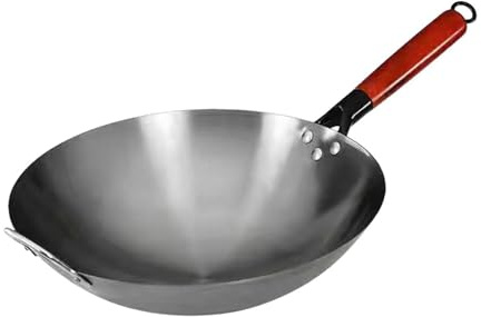 mophrati Sartén Wok Antiadherente sin Revestimiento Sartén de Hierro Fondo Plano Lisa Sin Revestimiento Calentamiento rápido Rendimiento de cocción Wok Antiadherente Universal