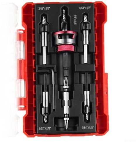 TCT - Juego de 5 brocas avellanadas con tope de profundidad ajustable para madera contrachapada MDF aluminio tornillos de 82 grados dorado, rojo y azul (rojo)