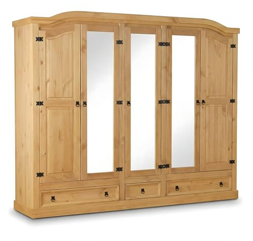 Hacienda-Look – 5-türiger Kiefer Kleiderschrank New Mexico Natur – B243xH 193xT 57cm – 3 Schublade(n) – Massive Kiefer – Farbe Natur – Hacienda-Stil – wärmender Massivholz-Look fürs Zuhause