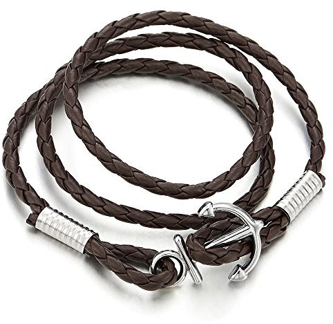 COOLSTEELANDBEYOND Män kvinnor tre-varv marin ankare vira armband armband med brun nautisk sjöman läderremmar, 23.23 inch, Metall, Ej tillämpbar