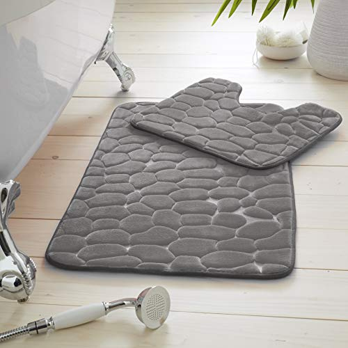 Premium 2 Piece 100% Memory Foam Pebble Bath Set, Super Soft Anti Slip Bathroom Toilet Rug Pedestal Mat, Grey