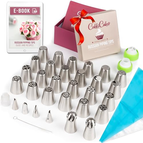 CukkiCakes 55 tlg Russische Spritztüllen Set Profi aus Edelstahl für Torten Dekoration: 30 Große-Blumen-Tüllen, 20 Einwegspritzbeutel, Silikon-Beutel, 3 Adapter & Geschenk-Box – plus Handbuch