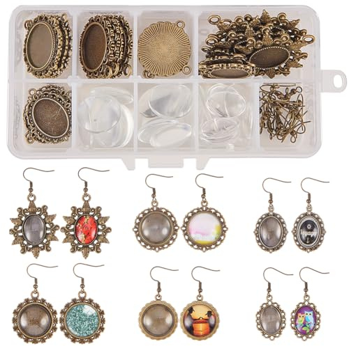 SUNNYCLUE 1 Box 72Stück 6Stil DIY 12Paare Glaskuppel Cabochon Ohrringe Selbst Machen Starter Kits Foto Schmuckzubehör Handwerk Kit zur Schmuckherstellung Frauen Fassungen für Cabochon Antik Bronze