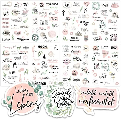 Sticker Hochzeit Gästebuch (164 Motive) - Vintage Hochzeit Aufkleber für Gästebuch oder Fotoalbum mit viel Liebe - Love Stickers für Scrapbook oder Bullet Journal - Wedding Deko mit Herz - Rosa