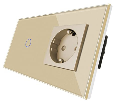 CNBINGO Socket avec interrupteur d'éclairage - avec panneau de verre tactile et LED d'état - Interrupteur 1 voies 1 pôle - Or Interrupteur tactile et douille - l'échelle neutre n'est pas requise