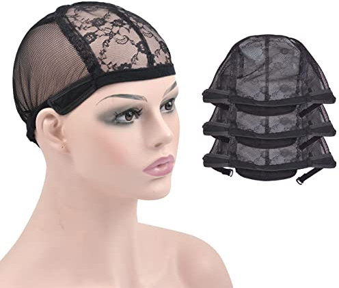 3 cappucci per parrucche in pizzo nero per realizzare parrucche, retina per capelli da donna con cinghie regolabili per tenere le parrucche in posizione (nero L)