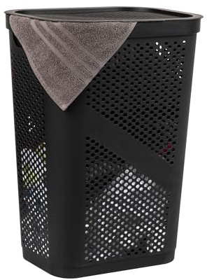Mind Reader Slim Laundry Hamper with Lid, 60L Clothes Basket, Ventilated Plastic, Black
