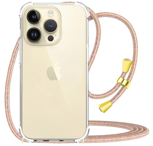 CAROKI Crossbody Case for iPhone 14 Pro,Necklace Mobile Phone Cover with Cord Strap Clear Transparent TPU Soft iPhone 14 Pro Cover Holder with Neck Cord Lanyard Strap-Rainbow