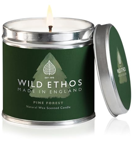 Wild Ethos Naturals Premium Scented Natural Wax Tin Candle - Pine Forest Scent - Hand-Poured in UK - Burn Time 40+ Hours - Natural Ingredients for Less Smoke & Slow Burn