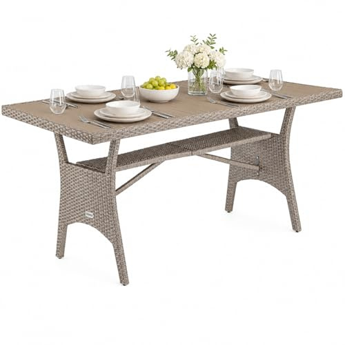 Casaria Tavolo da Giardino in Polyrattan & WPC con Ripiano 190x90x74cm Altezza Regolabile Outdoor