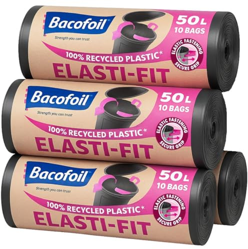 Bacofoil 4 x Elasti-fit Bin liners 50L Kitchen Bin Bags on a Roll Total 40 bags