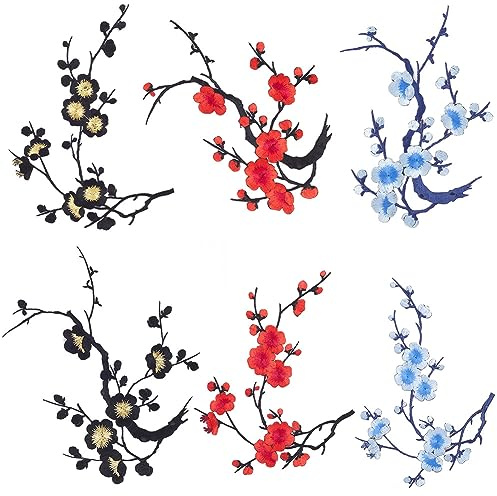 GORGECRAFT 6 Pz Fiore di Prugna Toppe Termoadesive Ricami Fiore Appliques Rifilatura Adesivo in Tessuto Floreale Cucire su Stoffa Toppa di Riparazione per Jeans Abbigliamento Fai da Te Cucito Costume