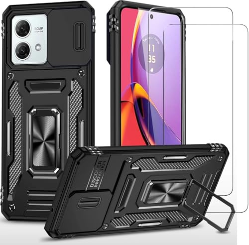 Jeelar ESONG Funda Protectora para Motorola Moto G84 5G,con[2 Protector de Pantalla][Cubierta de Cámara Deslizante][Protección contra Caídas de Grado Militar][Soporte magnético para automóvil]-Negro