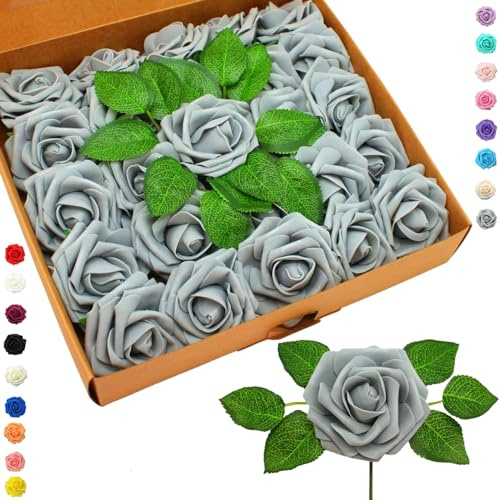 25 st falska silverrosor konstgjorda blommor rosor, äkta touch skumrosor falska blommor konstgjorda rosor bulk med stam för bröllopsdekor, möhippa hantverk hem baby shower alla hjärtans dag