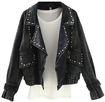 Vsadsau Schwarze Jeansjacke für Damen, Nieten, Baggy, lässige Oberbekleidung, lockere kurze Jeansjacke, Schwarz , 36