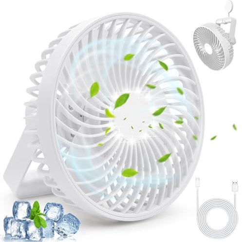 getalong USB Desk Fan, Mini Table Fan Silent with 4 Speeds Rechargeable Fan, LED Lights & Timing for Home, Camping, Office (White)