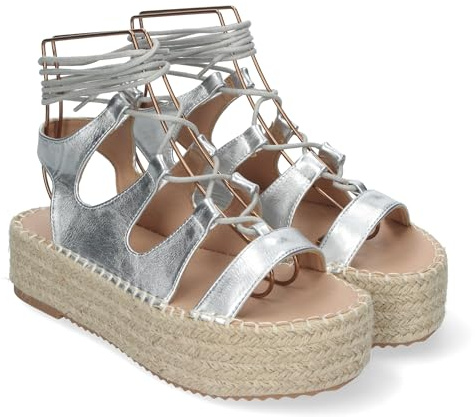 shoes&blues.es 85044 Sandalia de Mujer con Plataforma de Yute, Comodas y Elegantes, Tiras Cruzadas con Cordones, Pala y Talon Abierto, Ideales para Primavera-Verano. Plata Talla 39