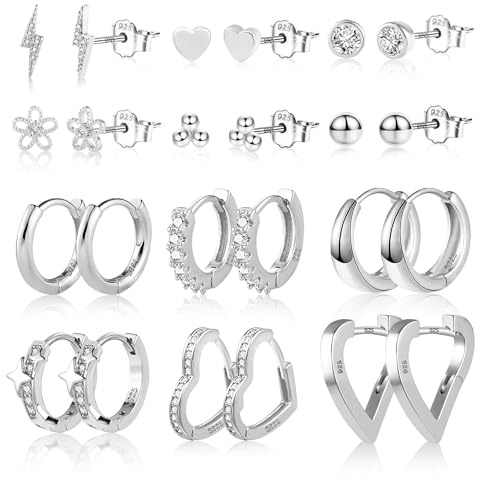 Silver 925 örhängen för kvinnor, ASH'S CHOICE multipack silver 925 hoop örhängen silver hoop örhängen huggie hoop örhängen hjärta fyrkantig oval boll zirkon silver örhängen set flera öronhål