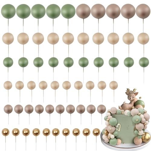 LARDUX 60 PCS Tortendeko Kugel -Cupcake Kuchen Dekorationen mit Wild One Mini Ballon Cupcake DIY Einsatz für Kinder Geburtstag Party Baby Dusche Mädchen Jungen- Grün Braun