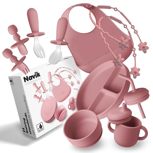 Navik | set pappa svezzamento da 12 pezzi | piatto con ventosa per bambini | bicchiere bambino con cannuccia | ciotola e posate in silicone | Rosa