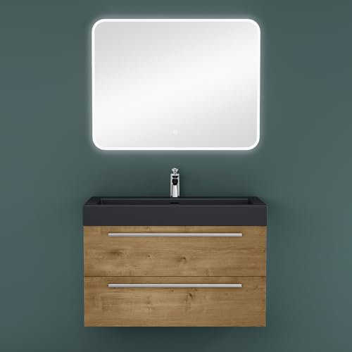 maimai Mobile Bagno Sospeso 90cm, Mobile da Bagno con Lavabo in Antracite Opaco e Specchio LED, Marrone Chiaro, Seria Quadratto