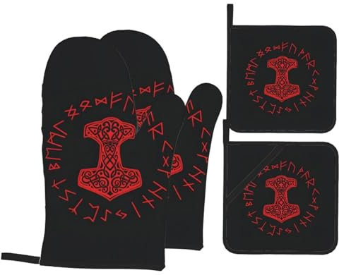 4 Pezzi Set Di Presine Da Cucina Norse Mythology Hammer Magic Rune Guanti Da Cucina Divertenti Guanti Da Forno Morbida Cucina Guanti Per Grill, Bbq, Cuocere