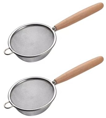 Colador de malla fina de acero inoxidable para té, colador de malla con mango (madera), colador para té, café, cócteles, jugo, té y alimentos, tamiz matcha (8 cm, 2 unidades)