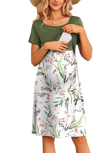 Ekouaer Robe Femme Enceinte Robe Grossesse Col Rond Robes Maternité Elégante Chic Imprimé Sexy Confortable, Vert, S