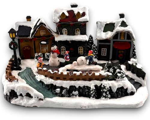 Generico Giostrina Natalizia con Luci, Suoni e Movimenti - Villaggio Innevato 30x15x18 cm con Personaggi, Case Decorate e Pupazzo di Neve - Perfetta per Atmosfera Natalizia