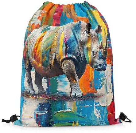 Tunnelzug Gymsack Nashorn Afrika Wildlife Rhino Ästhetische Malerei Rucksackbeutel Kinder Gymnastikbeutel wasserdichte Zuziehbeutel, Für Schwimmen, Reisen, 36x42cm