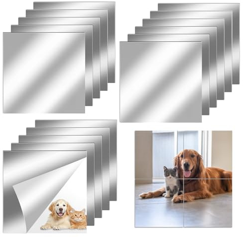 Mulomir 16 Stück Rahmenloser Wandspiegel, Flexibler Spiegel, Selbstklebende Fliesenspiegel, Nicht Glas DIY Acrylic Wanddekoration Dekospiegel für Heimdekoration (16pcs, 15 * 15cm, 0.2mm)