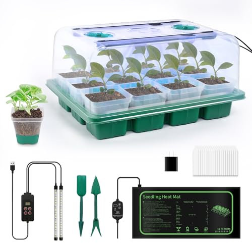 joyhalo 12 Cell Seed Starter Kit with Grow Light and Graphene Heating Mat, Reusable Seed Starter Tray with Higher 4.7”Humidity Domes and Large Clear Silicone Base Nursery Pots