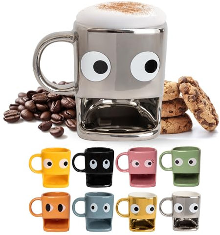 Fisura – Taza original para regalar “ojos”. Taza con soporte para galletas plateada. Taza de cerámica con hueco para galletas. Taza con capacidad de 240 ml.