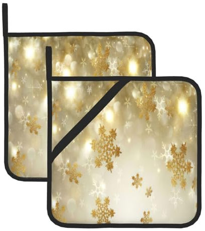 2 presine da cucina in seta dorata con stampa natalizia, 20,3 x 20,3 cm, per grigliare e maneggiare padelle calde