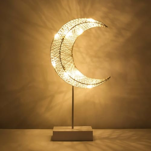 Lewondr Lámpara Decorativa de Mesa, Decoración Ramadan Luna Luces Led Habitación con Pilas, Luz Navidad Nocturna 3D Tejida de Hierro, Adorno Navideño Iluminado Para Casa Escritorio Dormitorio Exterior