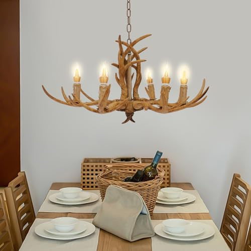 ARBGO 6 Lichter Geweihlampe Geweih Kronleuchter Retro Hirschgeweih Pendellampe Innenbeleuchtung Hängelampe mit E14 Glühbirne 220V Geweih Deko Wohnzimmerlampe für Esszimmer Cafe Bar Schlafzimmer