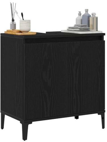 vidaXL Badrumsskåp med handfat med hylla Svart Ek 58 x 33 x 60 cm, Elegant förvaring, modern rektangulär badrumsskåp, väggmonterade hyllor, kompakt organiserare för prylar