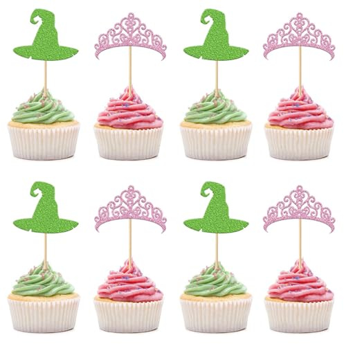Auony 24pcs Witch Hat and Princess Crown Cupcake Toppers, Pink and Green Cupcake Topper for Witch Wizard Themed Party Decorations Wedding Birthday's Celebrations (Pink&Green)
