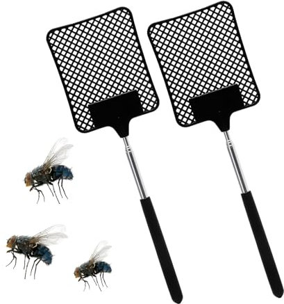 2 Pack Fly Swatter - Durable Telescopic Stainless Steel Handle, Extendable Fly Swat Set for Indoor Outdoor Home Garden Mosquito Wasp Bug Insect (Black)