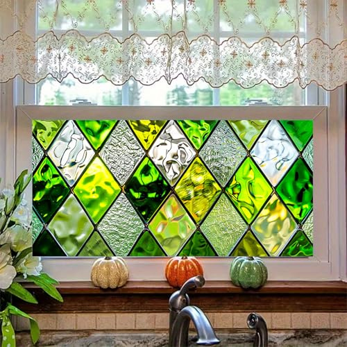 HOMETITUTE Gold Green Diamond Window Film 39.3x17.7 Inch Decorative Privacy Glass Sticker Static Cling Window Cover for Bathroom Kitchen Door Anti UV Stained Glass Effect Panel