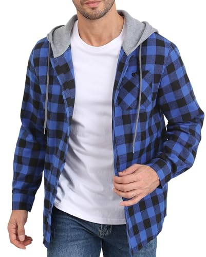 CTU Mens Sweatshirt Hoodies Lightweight Checked Jacket Button Down Long Sleeve Shirt With Pocket Blue XL
