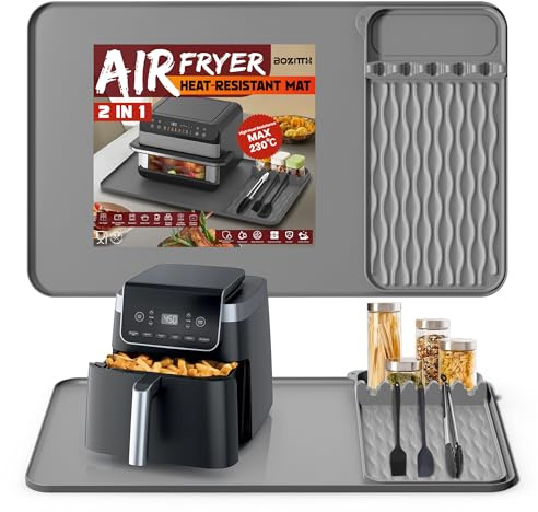 Tapete Resistente al Calor para Freidora de Aire 65 x 40cm, Alfombrilla Resistente al Calor con Almohadilla para Guardar Utensilios Cocina, Silicona Protector de Encimera Antideslizante e Impermeable