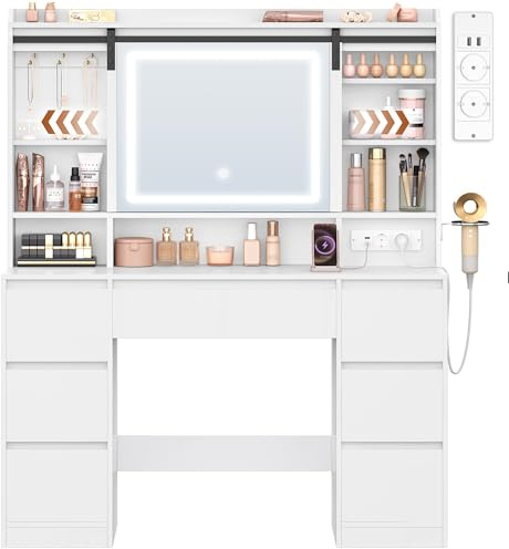 HEXCELEN Schminktisch mit Abnehmbarer Spiegel, Schminktisch, 7 Schubladen, Offene Regale, für Schlafzimmer 40 × 108 × 148,6 cm, Weiß