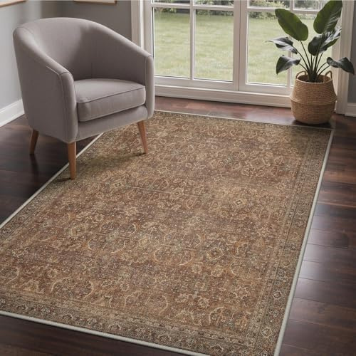 GENIMO Tappeto Morbido a Pelo Corto, 120x170 cm, Antiscivolo e Lavabile in Lavatrice, Stile Boho Vintage, per Camera da Letto, Soggiorno, Studio, Ingresso, Colore Marrone Rossiccio Classico