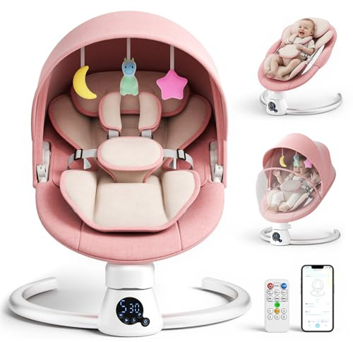Niktulo Elektrisch Babyschaukel, Elektrisch Babywippe Verstellbare Rückenlehne mit Abnehmbares Kissen, Steuerung per App/Fernbedienung/IMD-Bedienfeld, 5 Geschwindigkeiten 3 Timer und 12 Musik (Rosa)